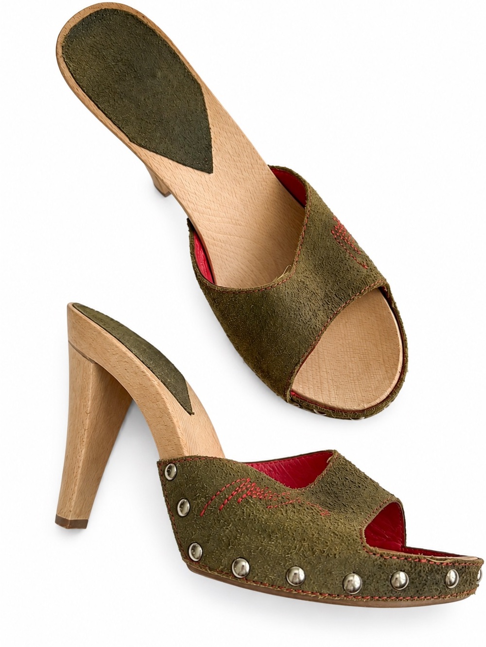 Miss Sixty Y2K Studded Suede Wooden Peep Toe EU38/US7.5-8